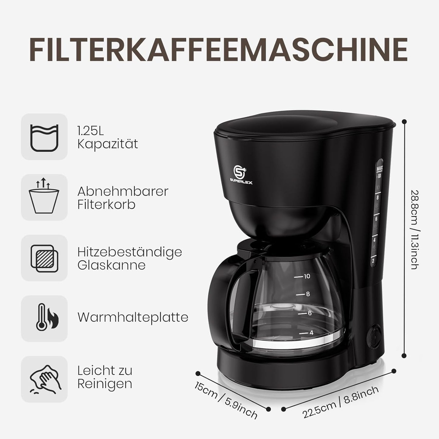Filtrační kávovar 1,25 l na 10 šálků filtrované kávy, skleněná karafa vhodná do myčky, termoska, systém proti odkapávání, automatické vypínání, 600 W, ochrana proti varu bez vody pro domácnost a kancelář