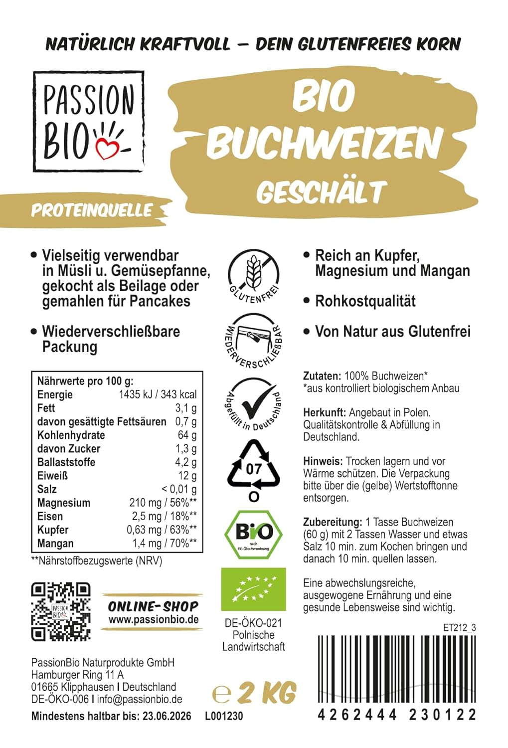 PassionBio bio pohanka 2 kg - znovu uzavíratelný obal - raw food grade