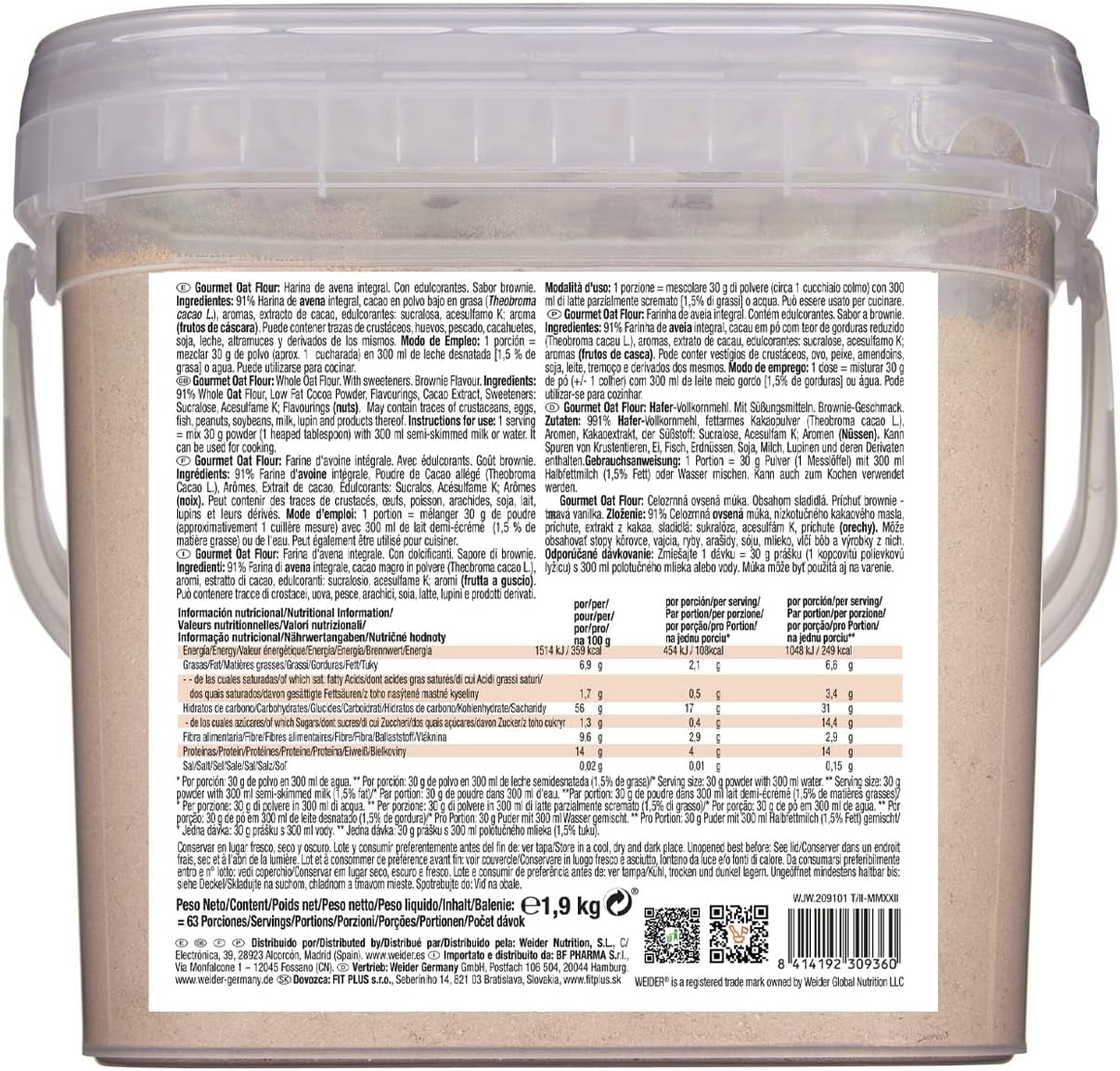 Weider Gourmet Oatmeal (1,9 kg) s příchutí brownie. Celozrnné ovesné vločky. Zdroj bílkovin s nízkým obsahem cukru.