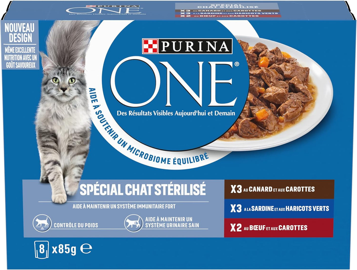 PURINA ONE | BIFENSIS | Krmivo pro sterilizované dospělé kočky | Podporuje kočičí vitalitu, kosti, svaly a klouby | V omáčce | Kapsičky s kachnou, sardinky, hovězí maso, čerstvost | 1 kus (8 x 85 g)