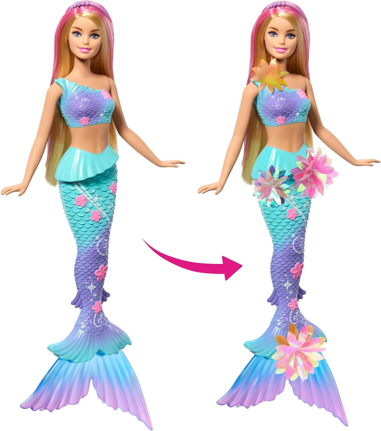 Barbie Meerjungfrauen-Spielzeug Puppe s magischer Überraschungs Blüte, Schwanzflosse mit Farbverlauf, perlenbesetzten Haarreif und langem blonden Haar mit rosa Strehchen, JDM72