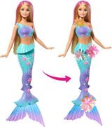 Barbie Meerjungfrauen-Spielzeug Puppe s magischer Überraschungs Blüte, Schwanzflosse mit Farbverlauf, perlenbesetzten Haarreif und langem blonden Haar mit rosa Strehchen, JDM72