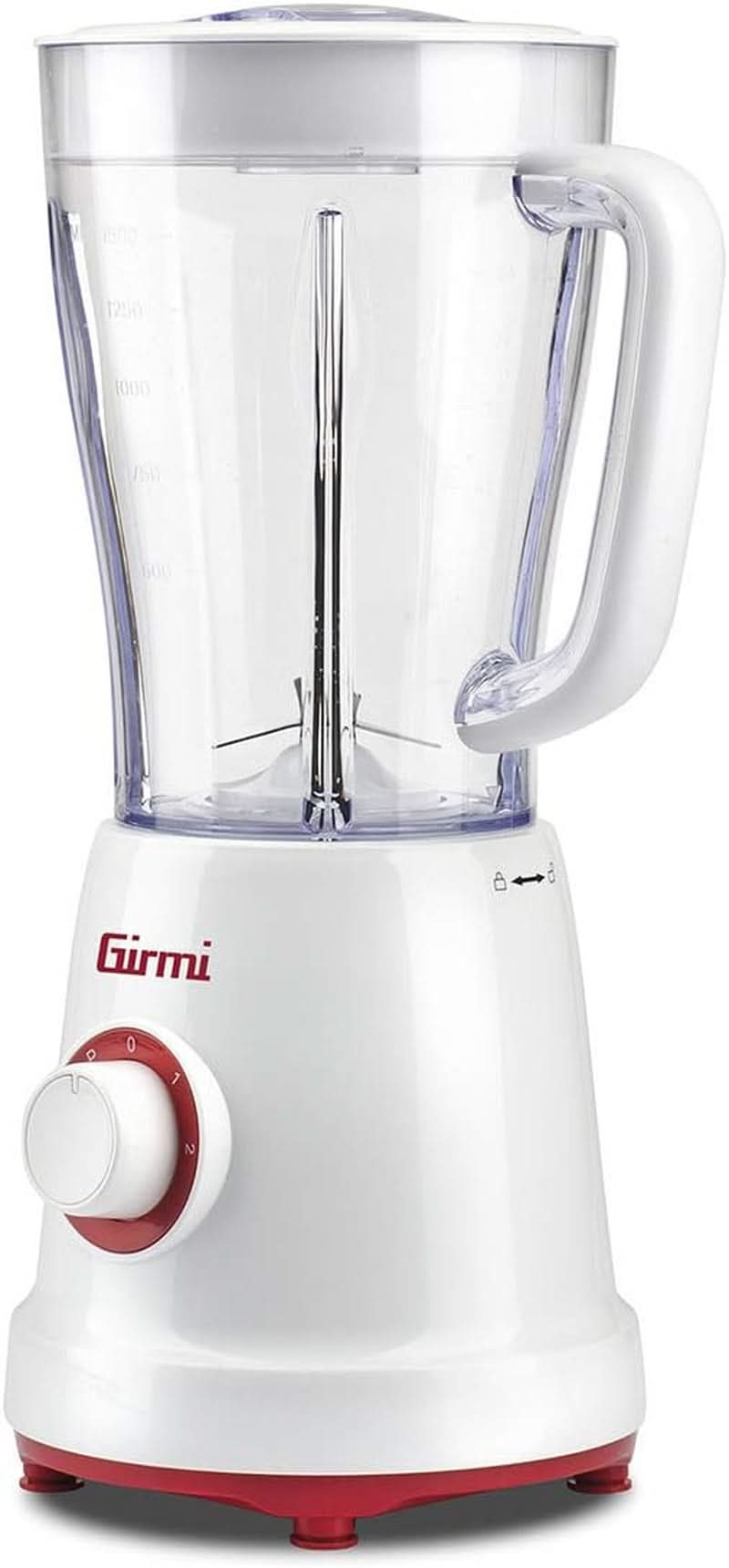 Girmi FR46 Elektrischer Mixer, 1,5 litru, 2 Geschwindigkeiten Mit Pulse-Funktion, 4 Edelstahlklingen, Messbecherdeckel, Messbecher Mit Scale, Sicherheitseinrichtung, Weiß/Rot Kitchen Naty Shop