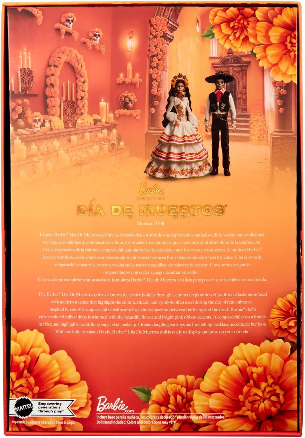 Sběratelská figurka pro panenky Barbie Signature Day of the Dead 2025 v krémových šatech s volánky, měsíčky a mašlemi, květinovou korunkou ve vlasech a barvou na obličej Calavera, JBJ05