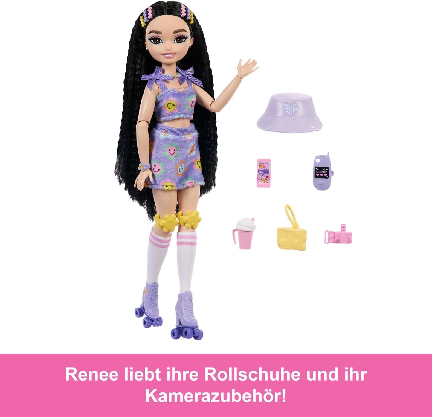 Panenka Barbie Dream Besties a doplňky, módní panenka Barbie Renee s bruslením na kolečkových bruslích a černými vlasy, 12 tématických doplňků s videi a jídlem, JFX99