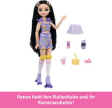 Panenka Barbie Dream Besties a doplňky, módní panenka Barbie Renee s bruslením na kolečkových bruslích a černými vlasy, 12 tématických doplňků s videi a jídlem, JFX99