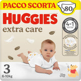 Pleny Huggies Extra Care, velikost 3 (6-10 kg), 2 balení po 40 plenkách