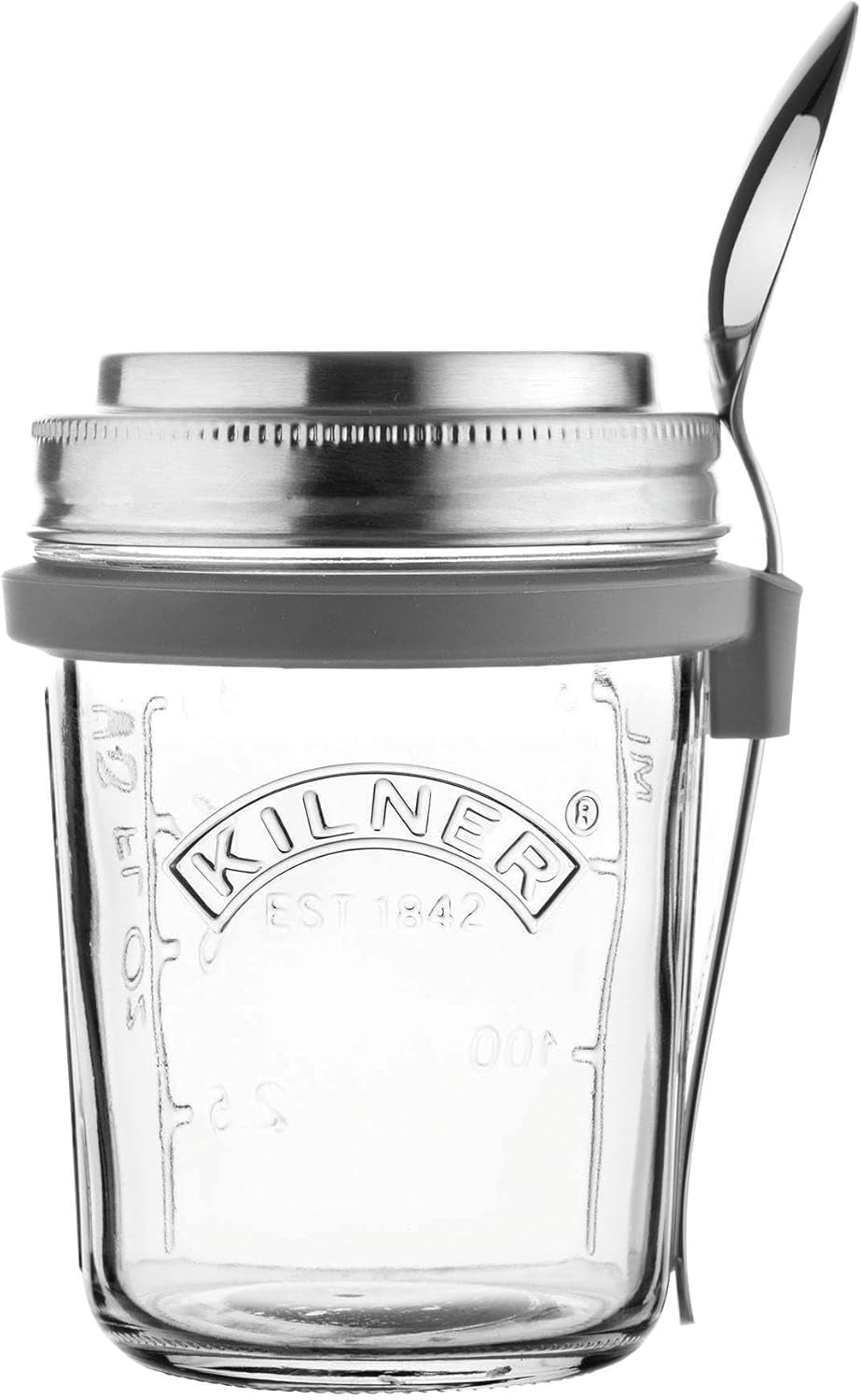 Snídaňová dóza Kilner se lžičkou / 350 ml, Ø 9,5 cm / 5 kusů | kelímek na müsli s sebou / netoxický / skleněná nádoba s víkem na müsli, kaši a jogurt / nádoba na oves přes noc Boxy na skladování potravin Naty Shop Breakfast Cup