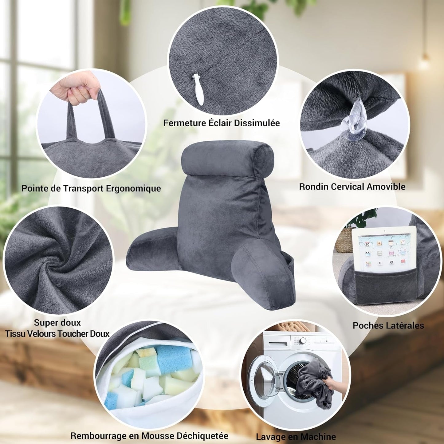 INFANZIA ergonomický polštář na čtení s područkami, opěrka zad z paměťové pěny, šedá, M