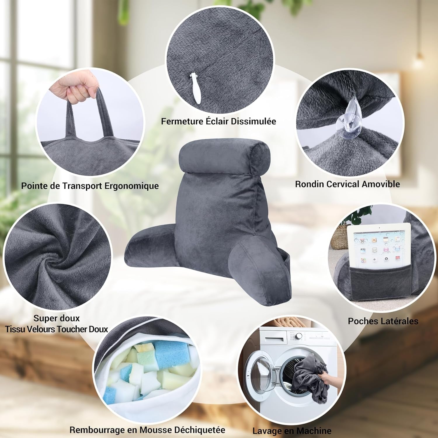 INFANZIA ergonomický polštář na čtení s područkami, opěrka zad z paměťové pěny, šedá, M