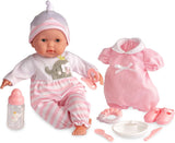 JC Toys – Berenguer Boutique 38cm měkká, realistická panenka s otevřenými/zavřenými ústy, 10dílná dárková sada, kojenecká lahvička, chrastítko, dudlík a příslušenství, růžová, věk 2+