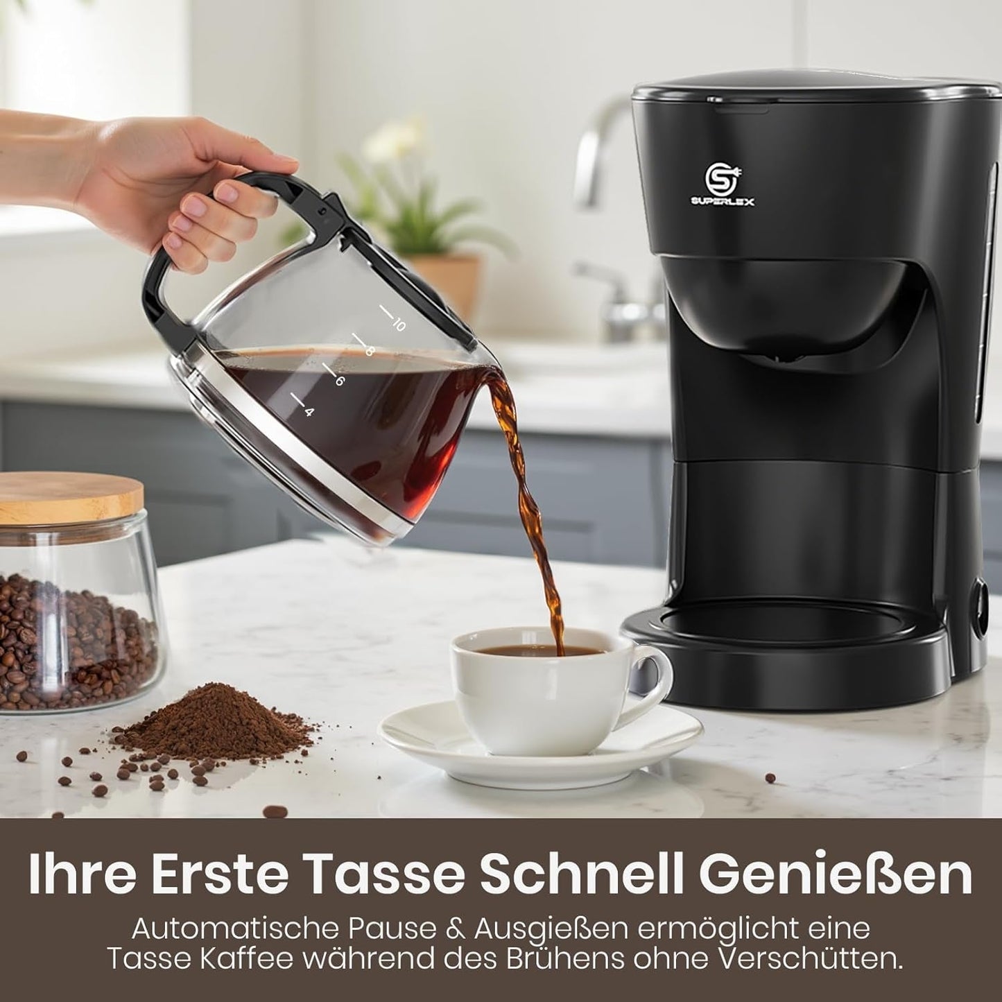 Filtrační kávovar 1,25 l na 10 šálků filtrované kávy, skleněná karafa vhodná do myčky, termoska, systém proti odkapávání, automatické vypínání, 600 W, ochrana proti varu bez vody pro domácnost a kancelář