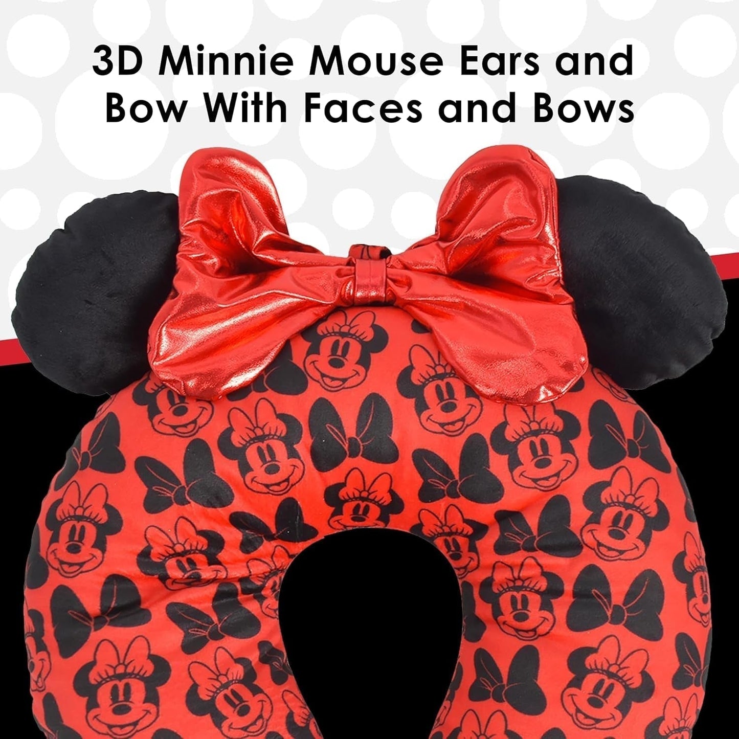 Plný koncept One Disney Minnie Mouse cestovní polštář na krk s 3D ušima a pružinou do letadla, auta a kanceláře, pohodlné a prodyšné, červené / černé cestovní polštáře Naty Shop