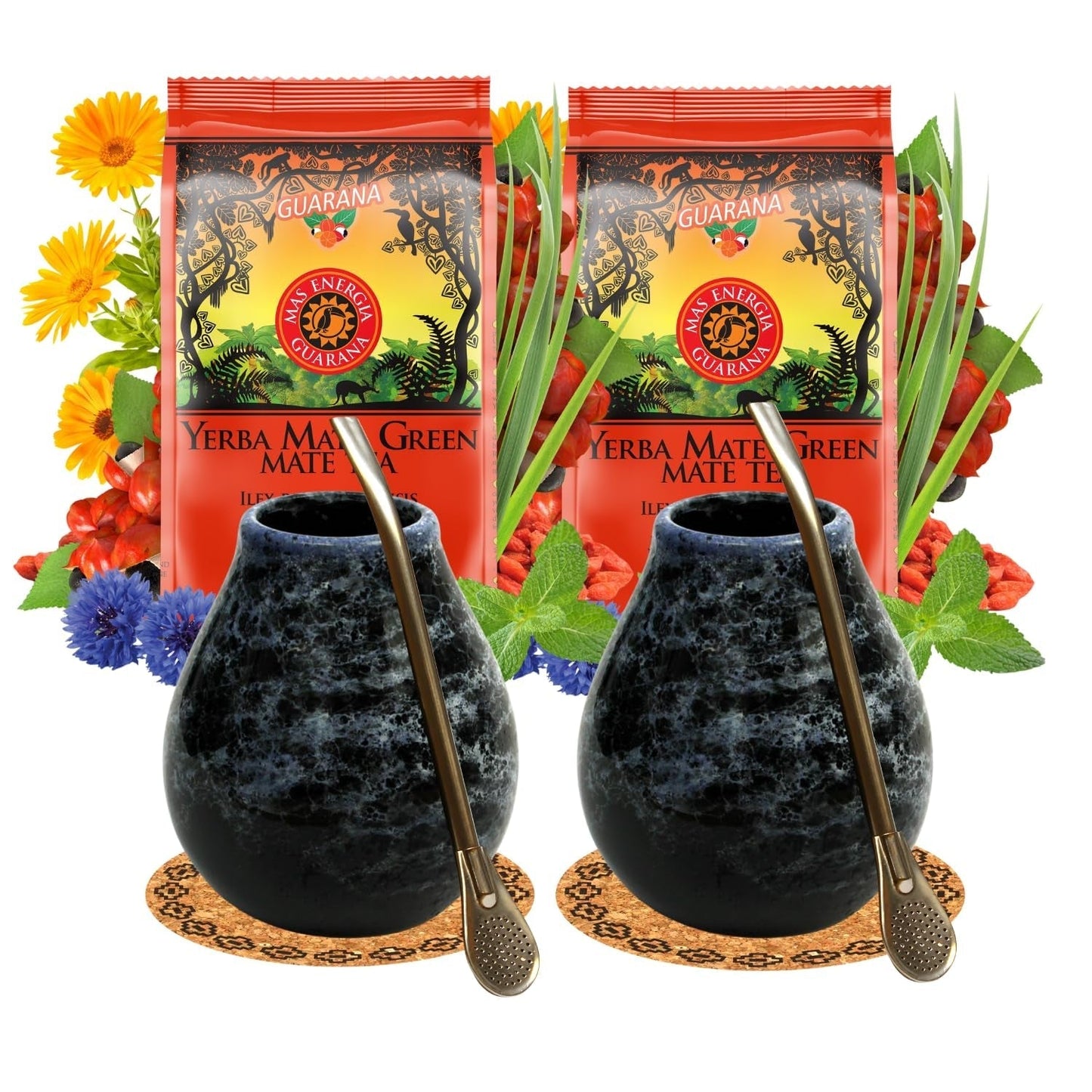 Čajový set Yerba Mate pro 2 osoby – Mas Energia Guarana 400 g – Keramický hrnek Marmol Blue 350 ml – Nerez Bombilla 19 cm – Čaj sypaný 2 x 200 g