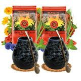 Čajový set Yerba Mate pro 2 osoby – Mas Energia Guarana 400 g – Keramický hrnek Marmol Blue 350 ml – Nerez Bombilla 19 cm – Čaj sypaný 2 x 200 g