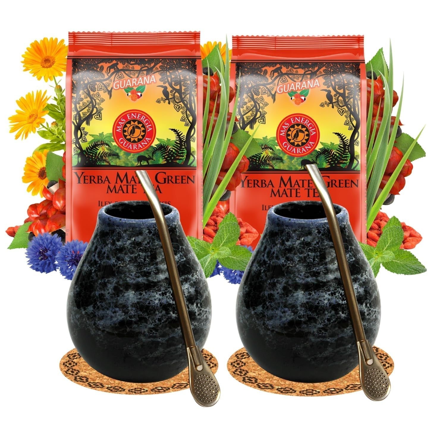 Čajový set Yerba Mate pro 2 osoby – Mas Energia Guarana 400 g – Keramický hrnek Marmol Blue 350 ml – Nerez Bombilla 19 cm – Čaj sypaný 2 x 200 g