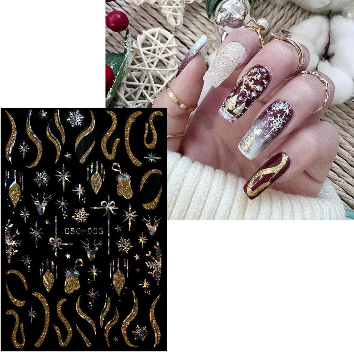 JMEOWIO Nálepka na nehty Weihnachten Gold Glitter Silber 8 Blatt Nálepka na nehty Selbtklebend Nagelaufkleber Schneeflocke Winterurlaub Dekoration Nageldesign Zubehör