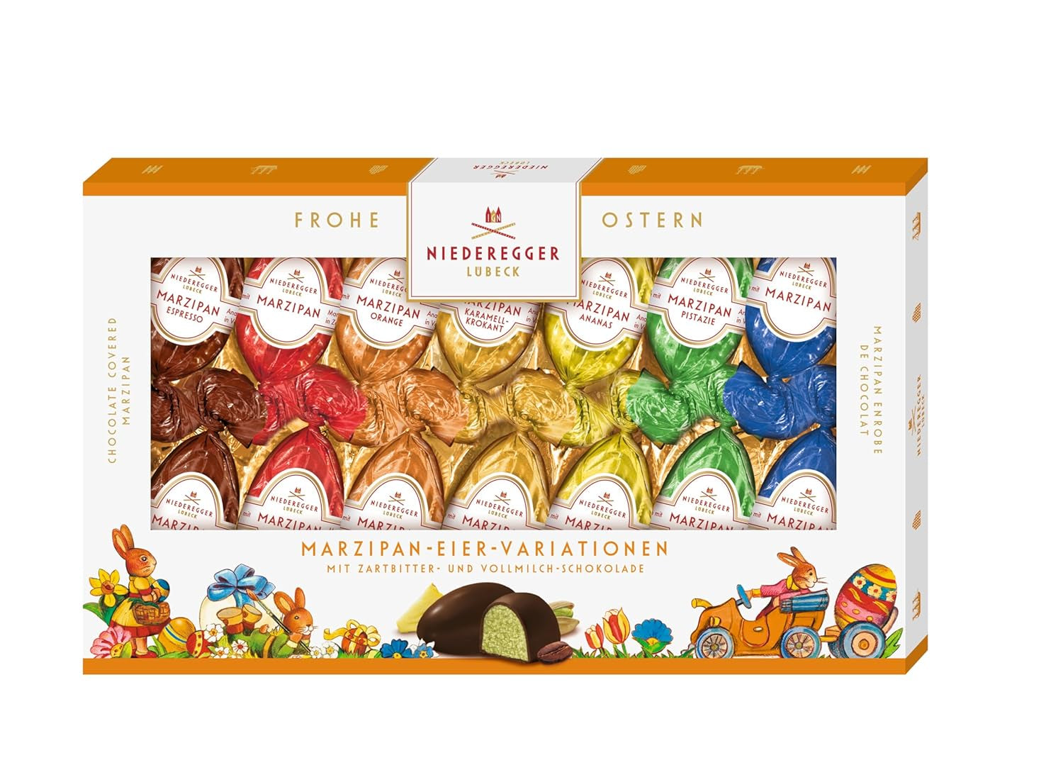 Niederegger | Marcipánová vajíčka | 1 x 175 g | Varianty: Klasika, Mléčná čokoláda, Pomeranč, Karamel Crunch, Ananas, Espresso a Pistácie | Polévaný v hořké a mléčné čokoládě | velikonoční dárek
