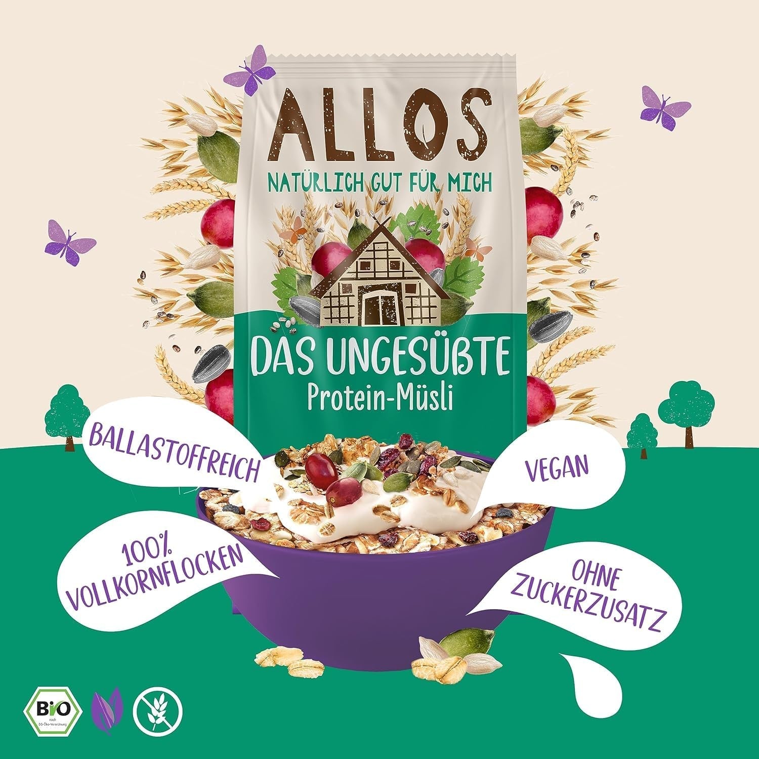 Allos neslazené proteinové müsli | Bio müsli | Ovesné vločky | Cereálie k snídani | Vegan (5 x 450 g), 1 kus (balení 5 ks)