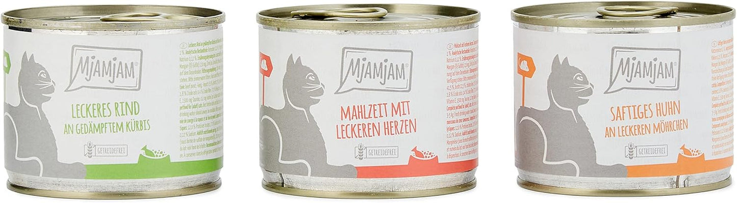 MjAMjAM - prémiové mokré krmivo pro kočky - Smíšené balení I - kuře, hovězí maso, srdíčka 6 balení (6 x 200 g), bez obilovin s extra masem