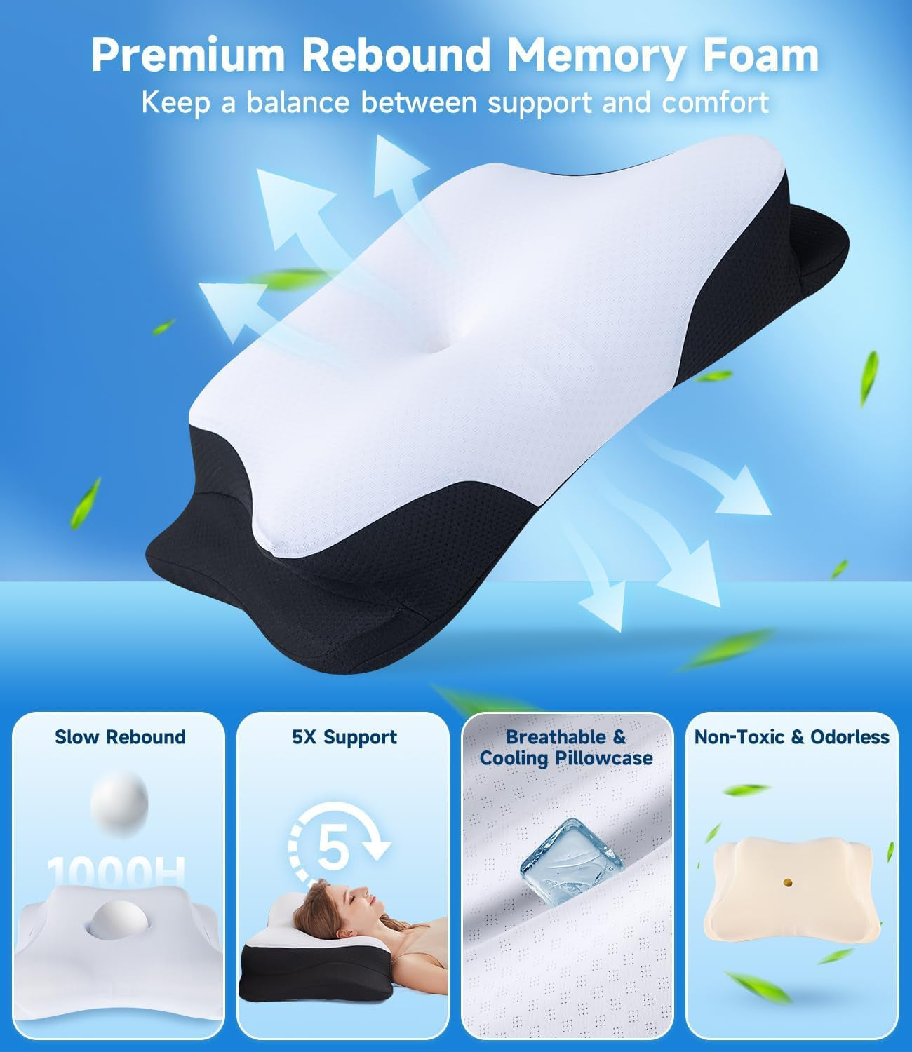 SUPA MODERN Memory Foam Polštář Boční Spací Chladivý Polštář 60X40 Ortopedický Zadní Strana Žaludek Krční Polštář Úleva od bolesti Krční Polštář Ortopedické Krční Polštáře Naty Shop