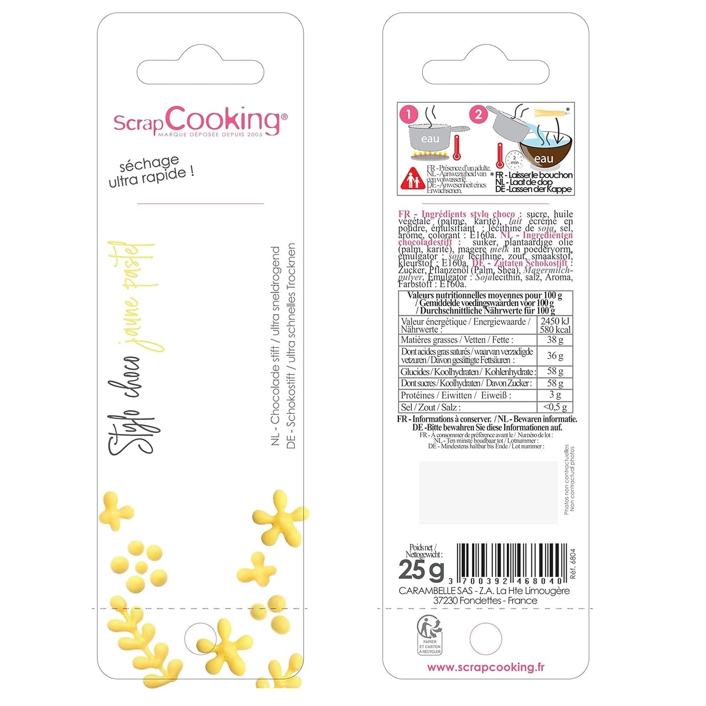 Scrapcooking - Pastelově žluté cukrové pero - Žlutý psací cukr 25g - Dekorativní jedlé cukrové pero - Psaní a kreslení - Označování fondán, poleva, dorty - 6804