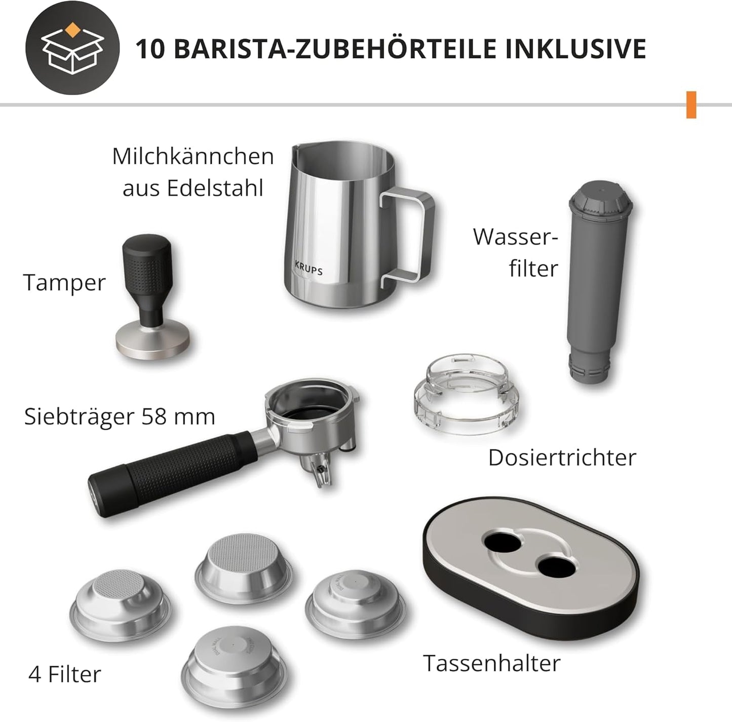 Krups Precision manuální espresso kávovar s portafiltrem a mlýnkem, baristický kávovar s intuitivním ovládacím panelem, nastavení předinfuze, espresso kávovar s parní tryskou, rychlý ohřev, XP801T10