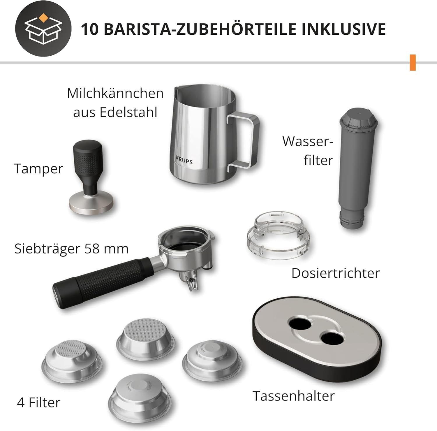 Krups Precision manuální espresso kávovar s portafiltrem a mlýnkem, baristický kávovar s intuitivním ovládacím panelem, nastavení předinfuze, espresso kávovar s parní tryskou, rychlý ohřev, XP801T10