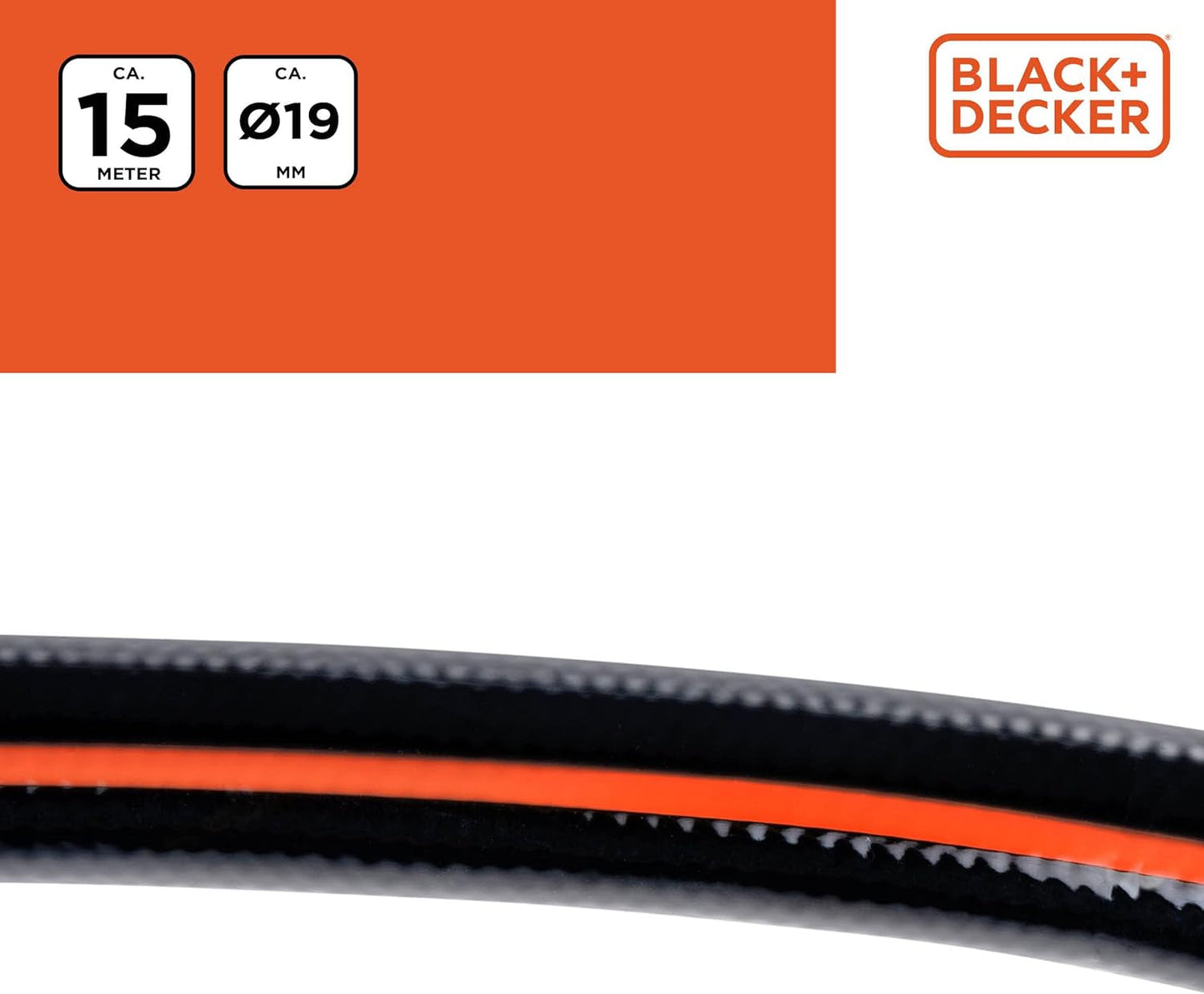 Zahradní hadice BLACK+DECKER 15 metrů - Ø19MM - Odolné PVC - Zalévání zahrady, mytí auta, napouštění bazénu - Kompatibilní s jakoukoli standardní baterií - Černá/Oranžová