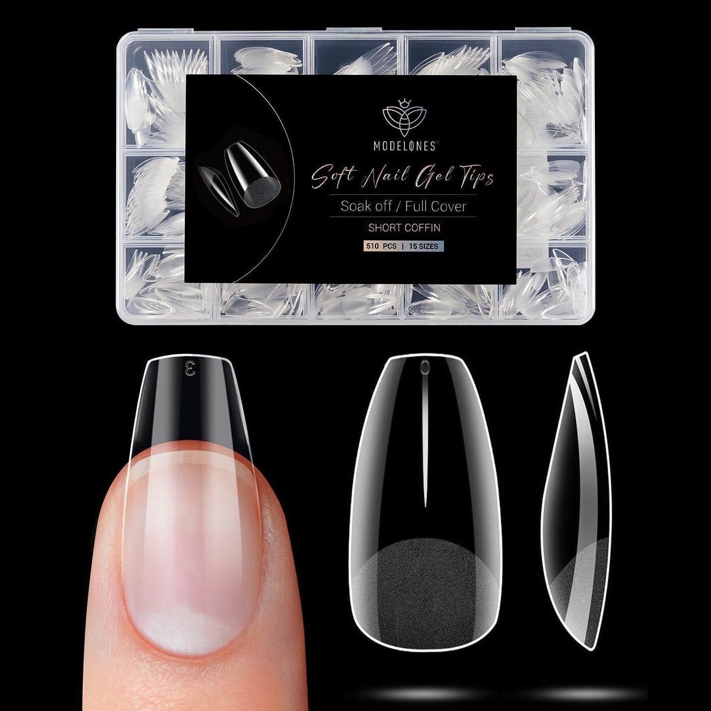 Modelones Nail Tips 510 kusů – sada nehtových špiček s úplným krytem, ​​sada gelových špiček, předleštění špiček na nehty s PMMA pryskyřicí, umělé nehty pro lepení nail art DIY, krátký squoval