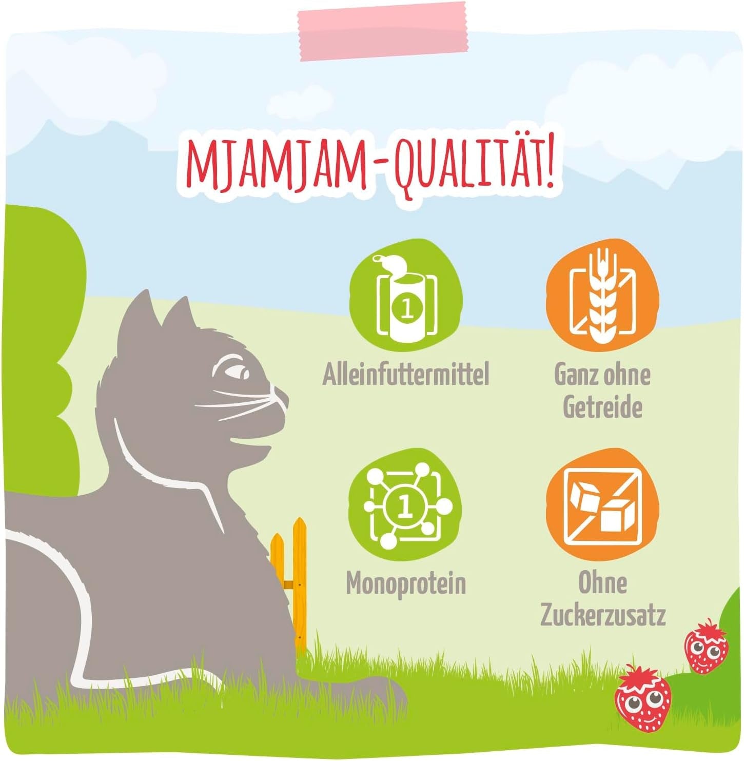 MjAMjAM - Prémiové mokré krmivo pro kočky - jemné kuře s ovocnými jahodami 400 g, balení 6 ks (6 x 400 g), přírodní s extra masem