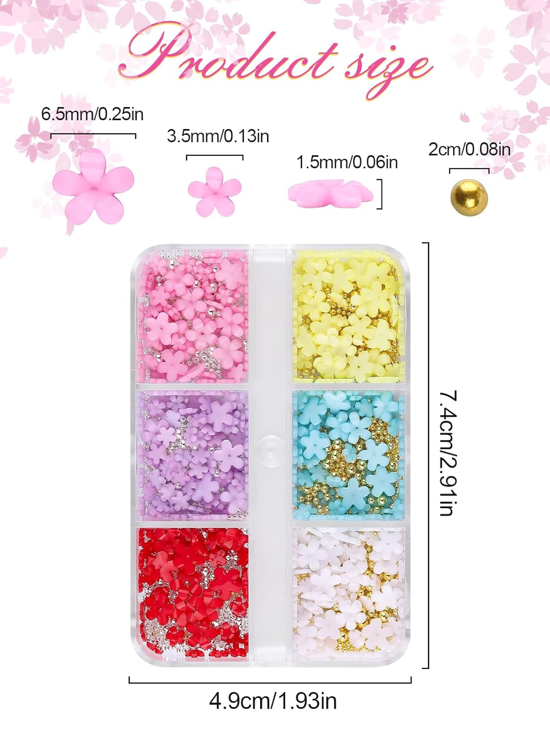 Kalolary Květiny Nail Art Charms, 3D akrylové květiny na nehty Pět okvětních lístků Květinové ozdoby Kamínky na nehty Smíšené kovové korálky pro DIY Nail Art Design Výroba šperků (2 krabičky)