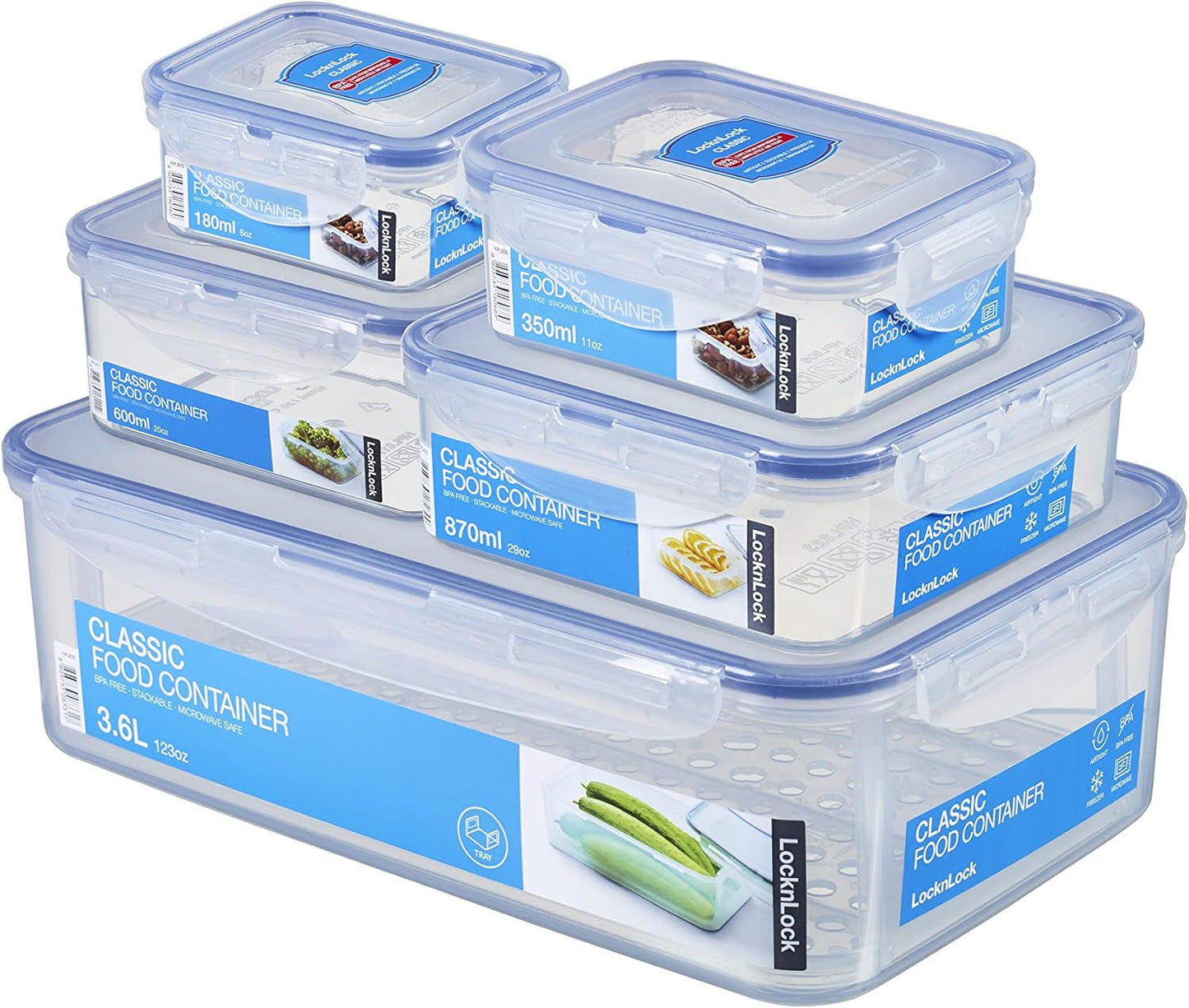 Sada dóz LocknLock PP Classic 5ks | 180ml, 350ml, 600ml, 870ml, 3,6L | 100% vzduchotěsné a vodotěsné | bez BPA | organizér do mrazničky a chladničky | vhodné do myčky a mikrovlnné trouby Dózy na potraviny Naty Shop Square 5ks.