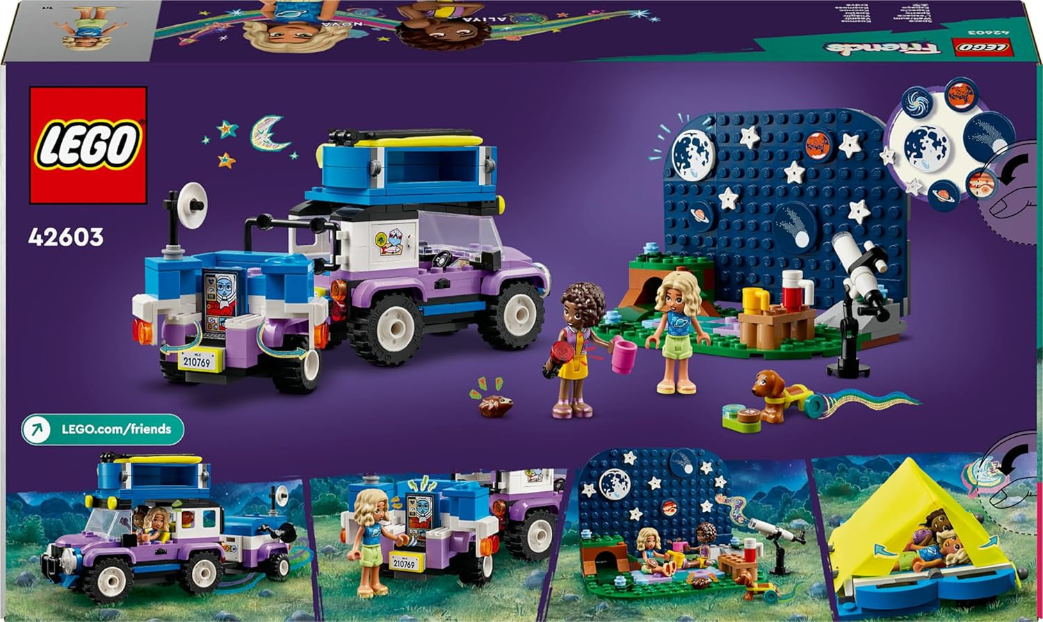 Stavebnice LEGO Friends Stargazer Camping Vehicle s terénním vozidlem a dalekohledem, dárek pro dívky a chlapce od 7 let, obsahuje figurky na hraní Nova, Aliya a pes 42603 Stavebnice Besuche den LEGO-Store