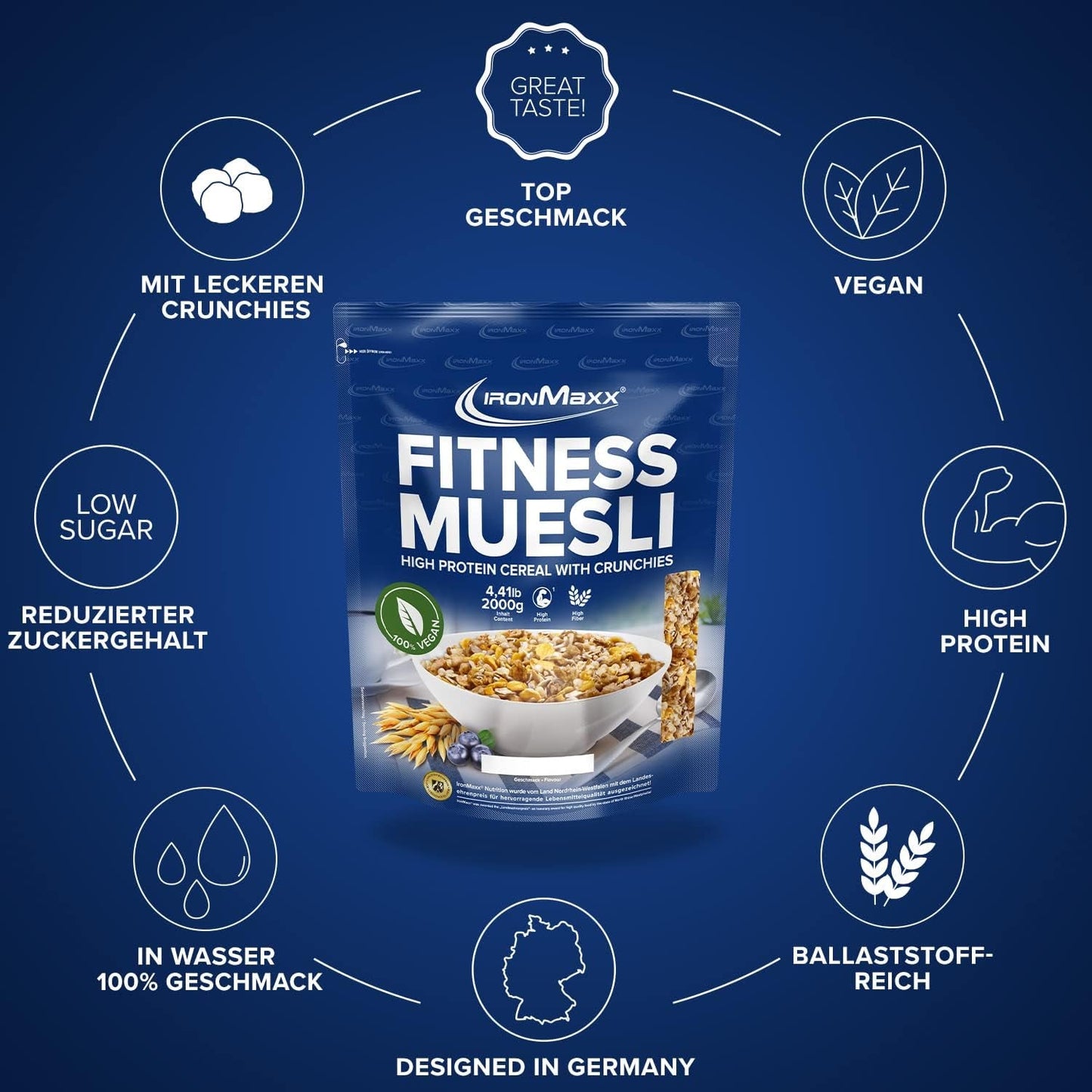 IronMaxx Fitness Müsli - Cookies & Cream, pytel 2 kg | Veganské müsli bohaté na bílkoviny s křupavým obsahem | Nízký obsah cukru a vysoký obsah vlákniny