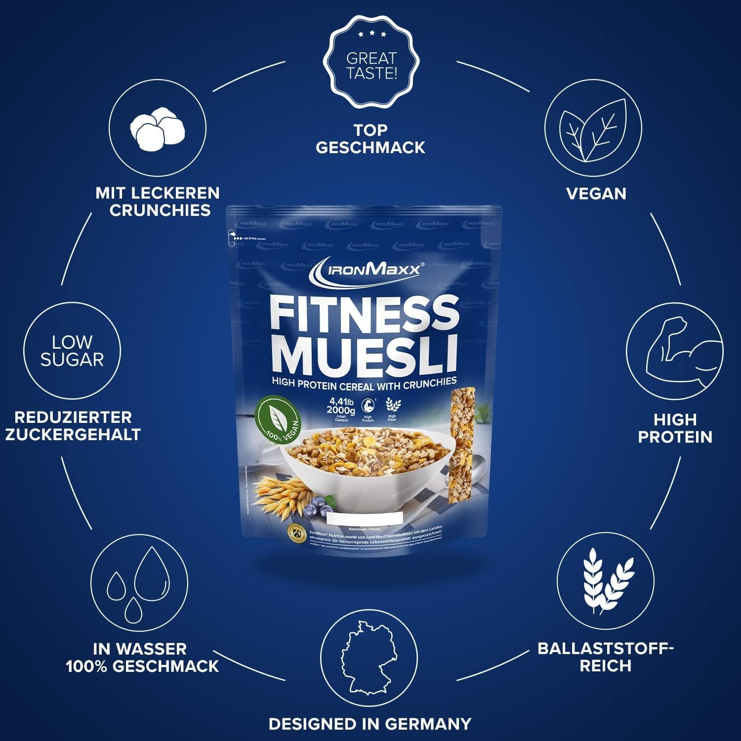 IronMaxx Fitness Müsli - Cookies & Cream, pytel 2 kg | Veganské müsli bohaté na bílkoviny s křupavým obsahem | Nízký obsah cukru a vysoký obsah vlákniny
