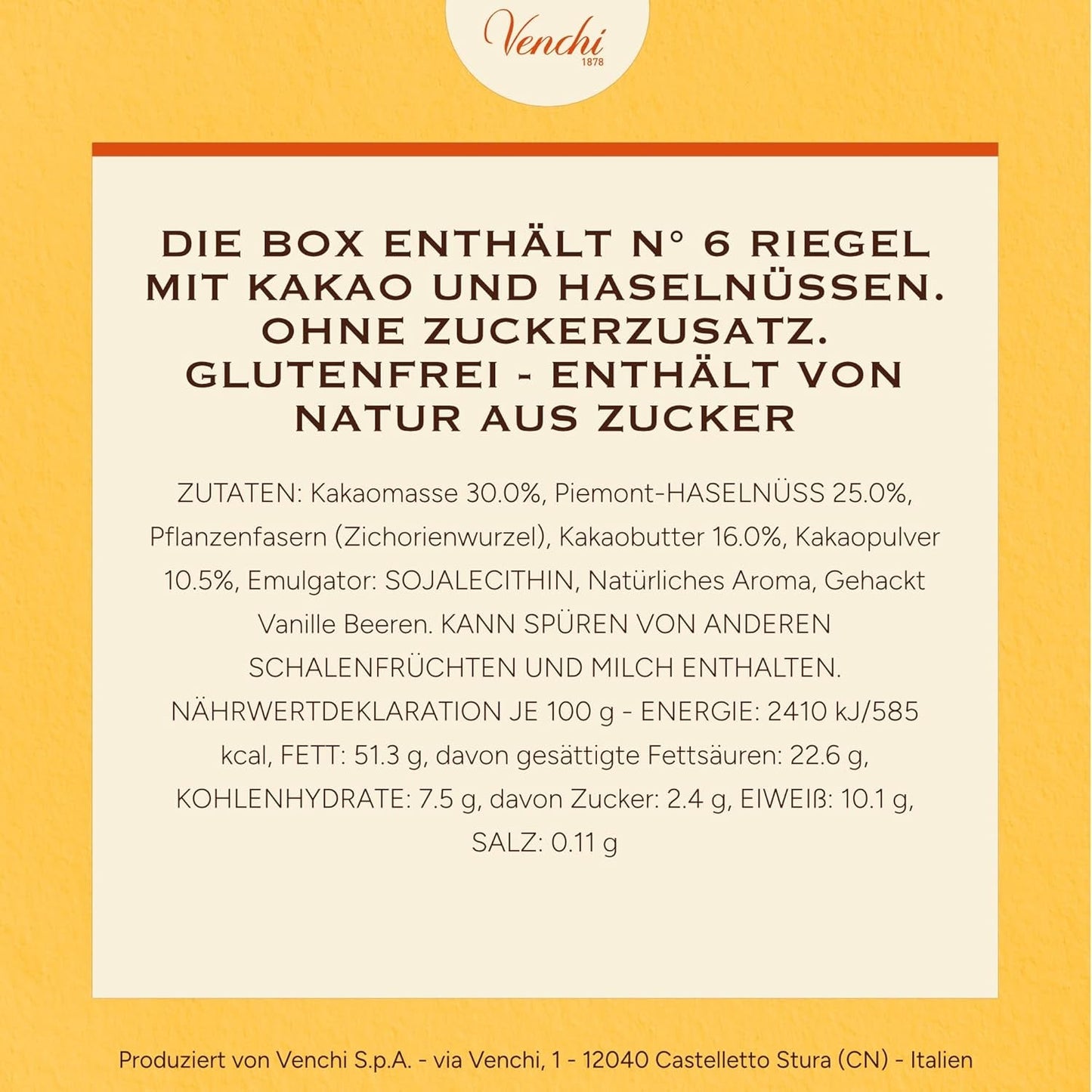 Venchi - Balení 6 kusů hořké čokolády s lískovými oříšky, 600 g - Bez přidaného cukru - Bez umělých sladidel - Bez lepku - Vegan - Tip na dárek