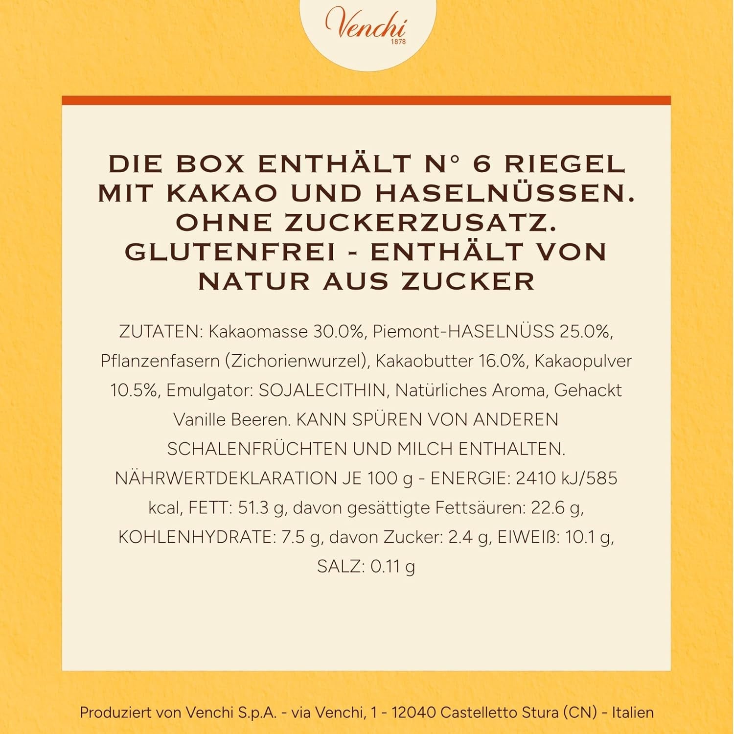 Venchi - Balení 6 kusů hořké čokolády s lískovými oříšky, 600 g - Bez přidaného cukru - Bez umělých sladidel - Bez lepku - Vegan - Tip na dárek