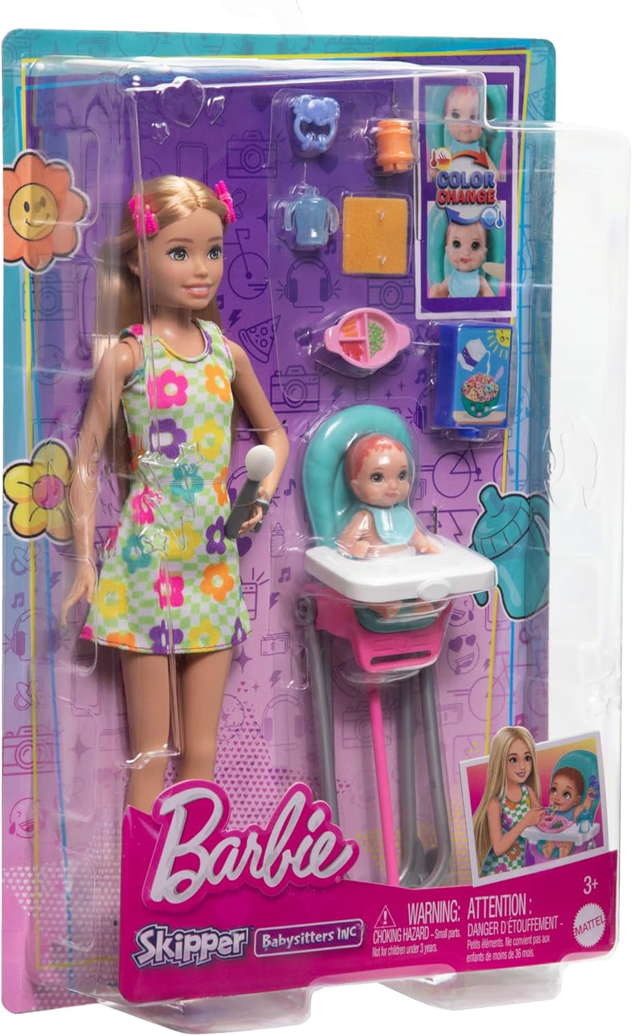 Panenka Barbie Skipper a doplňky Hrací sada Jídlo Sada na hlídání Hračka pro změnu barvy HTK35