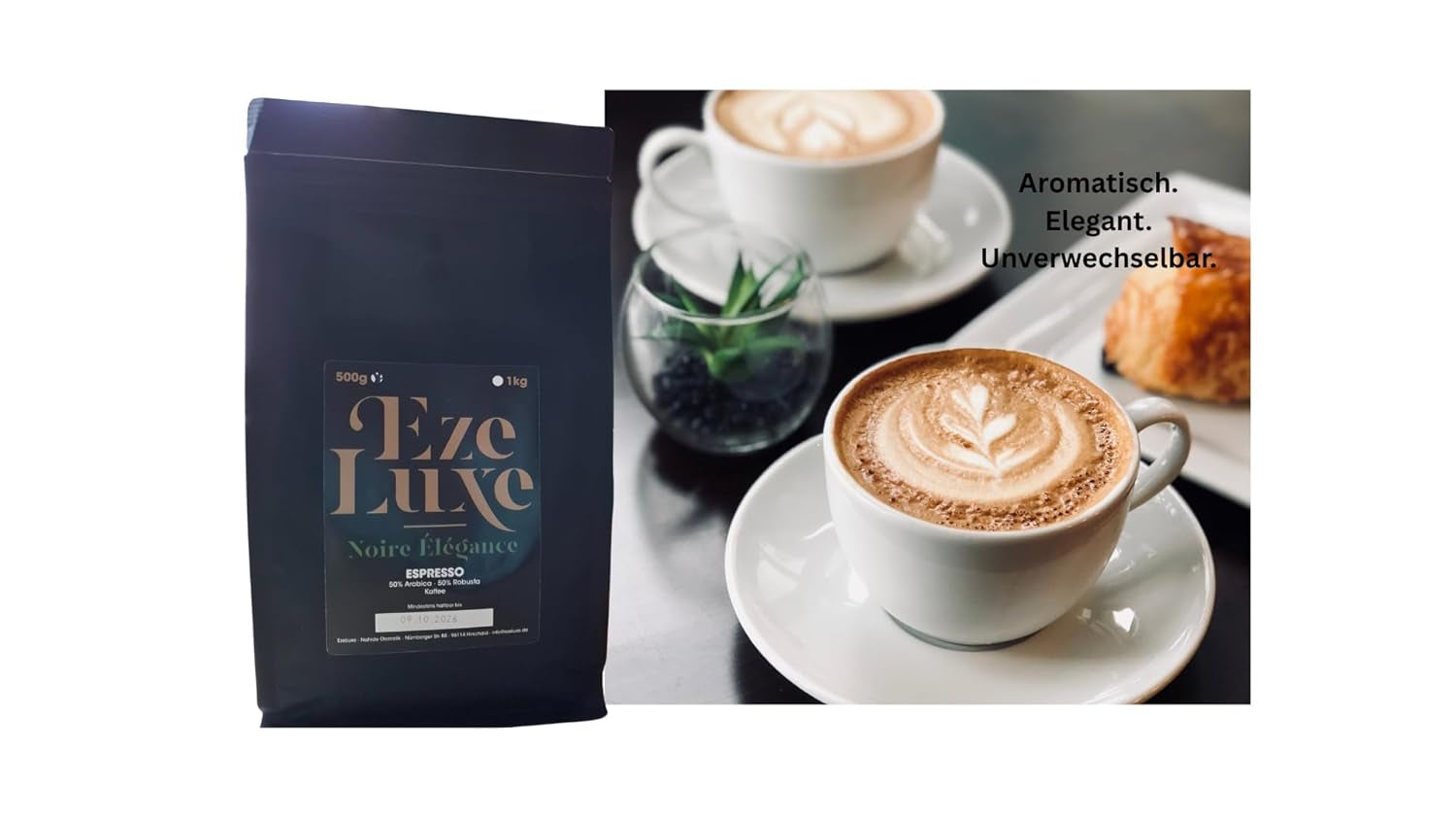 Káva Espresso Noire Elegance 500g – 50% Arabica a 50% Robusta z Brazílie a Indie – středně pražená, silná a krémová s hořkou čokoládou – intenzita 8 – vč. kávovar na espresso zdarma