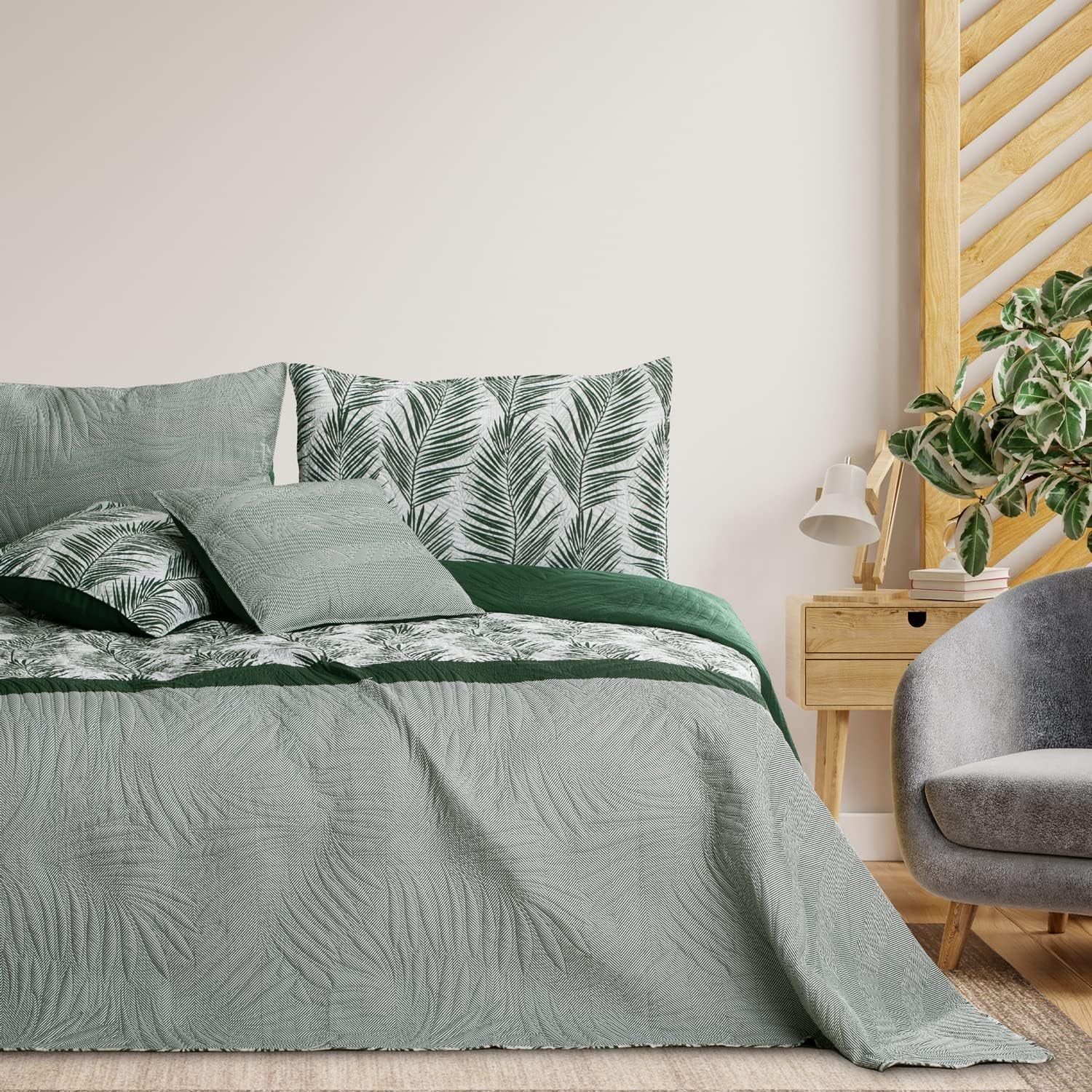 Ameliahome Přehoz na postel Přehoz na postel 170X210 Cm Oboustranný Přehoz na postel se snadnou údržbou Vzor rostlin Zelená Bílá Tropické Postele Bonaire a přikrývky Besuche den AmeliaHome-Store