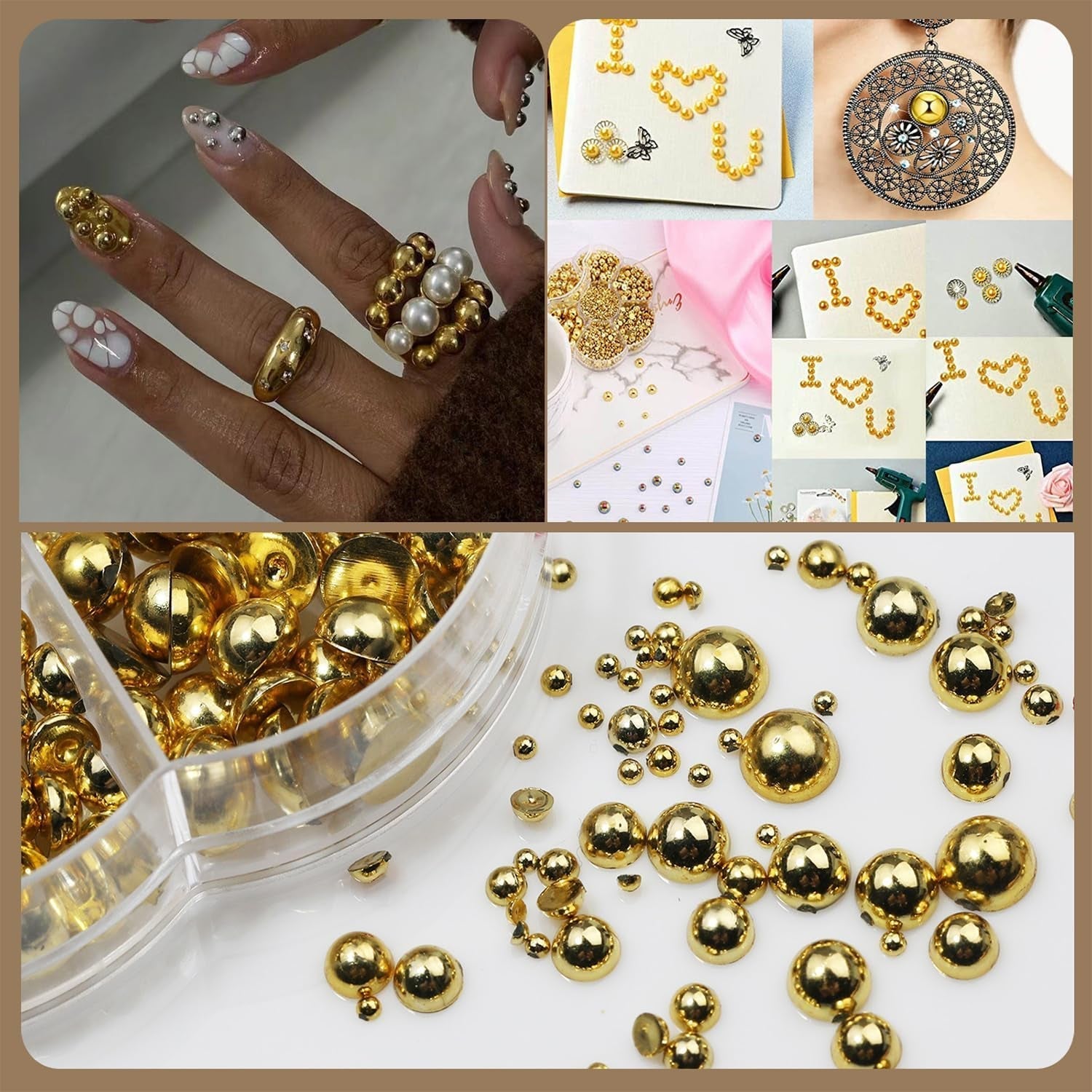 GZMAYUEN 920Pcs Zlatá Stříbrná Perlen s plochým zády pro nehty, Halbrunde Weiße Beige Perlen na nehty, Kleine Halbrunde Perlen s plochým zadním dílem Für DIY Nail Art Decor