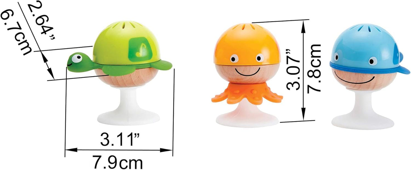 Sada chrastítek s přísavkou Hape | Tři zvířata s prvky kousacího kroužku, želva, chobotnice a velryba | Učící hračka od 0 měsíců Bebe Toys Naty Shop