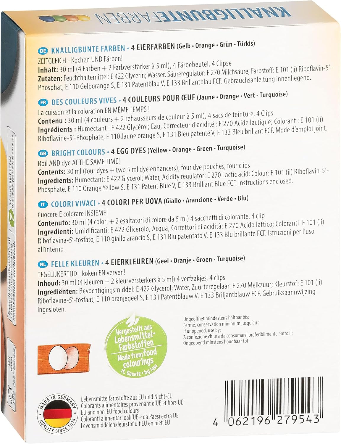 Heitmann Egg Dyes Bright Colors – 4 lahvičky na barviva (žlutá, oranžová, zelená, modrá), 2 zvýrazňovače barvy, 4 sáčky s barvivy, 4 spony