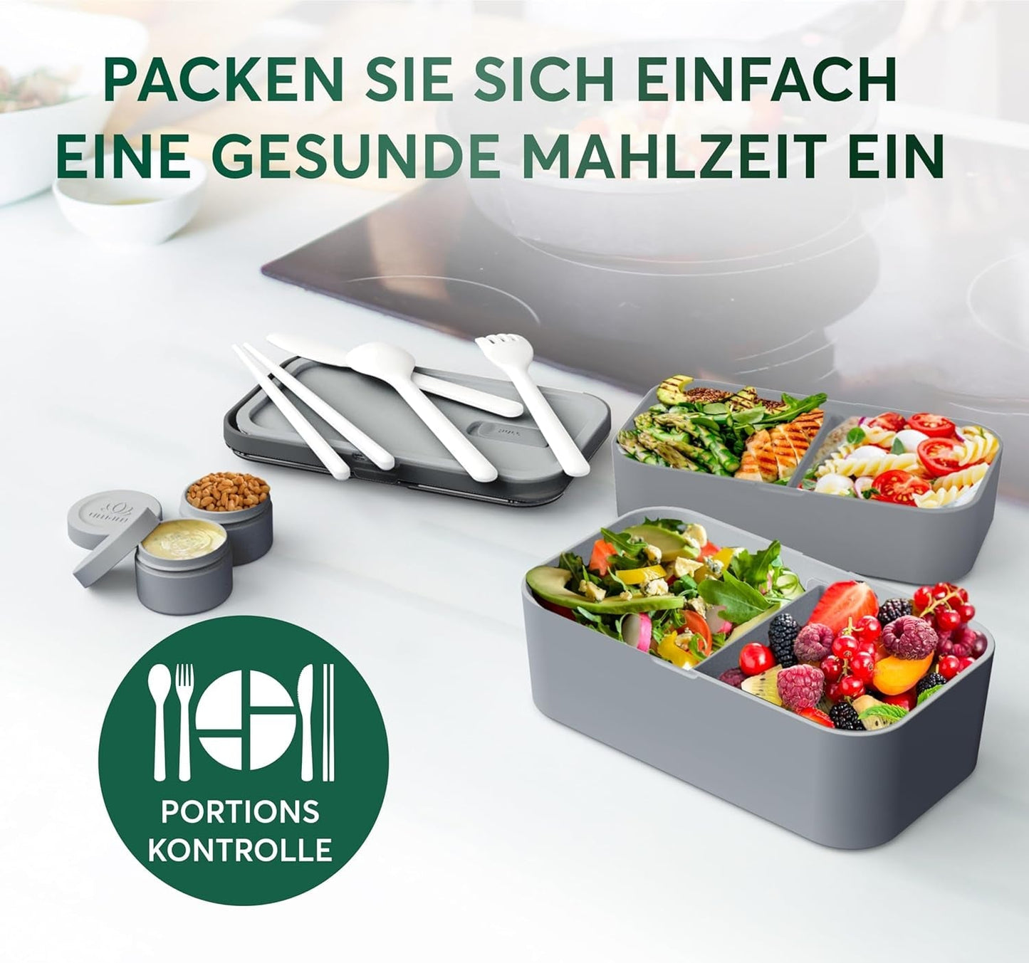 Umami Lunch Box pro dospělé, Stohovatelný Bento Box se 4 příbory a přihrádkami, Box na oběd pro dospělé, Zásobník na salát, Piknik / Kancelář Lunch Box, Charcoal Grey, 1500 ml krabičky na potraviny Naty Shop