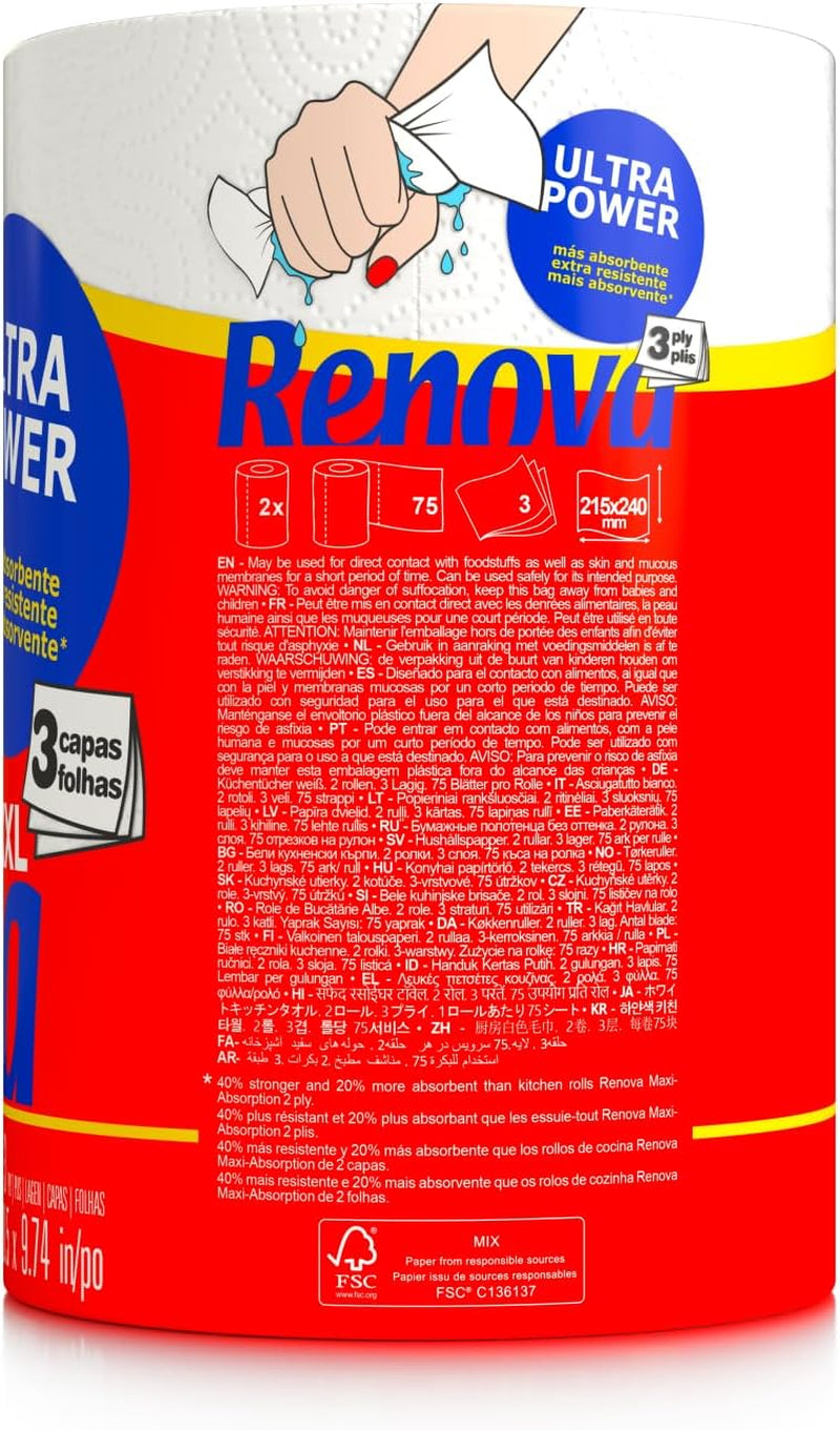 Kuchyňské rolky Renova Renova Ultrapower | 24 XXL rolí = 60 standardních rolí | 3 ultraabsorpční a maximálně odolné vrstvy | Fsc certifikovaný papír
