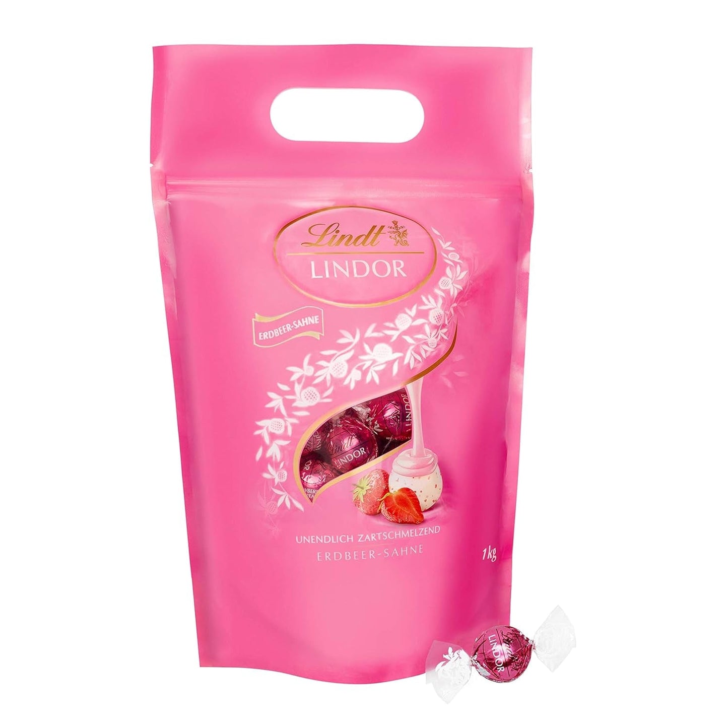 Čokoládová směs LINDOR | 1371 g | Přibl. 109 kuliček: Mléčná čokoláda a kuličky LINDOR s jahodovým krémem | 1 kg pytel, cca. 80 čokoládových kuliček bílá čokoláda s jahodovým krémem