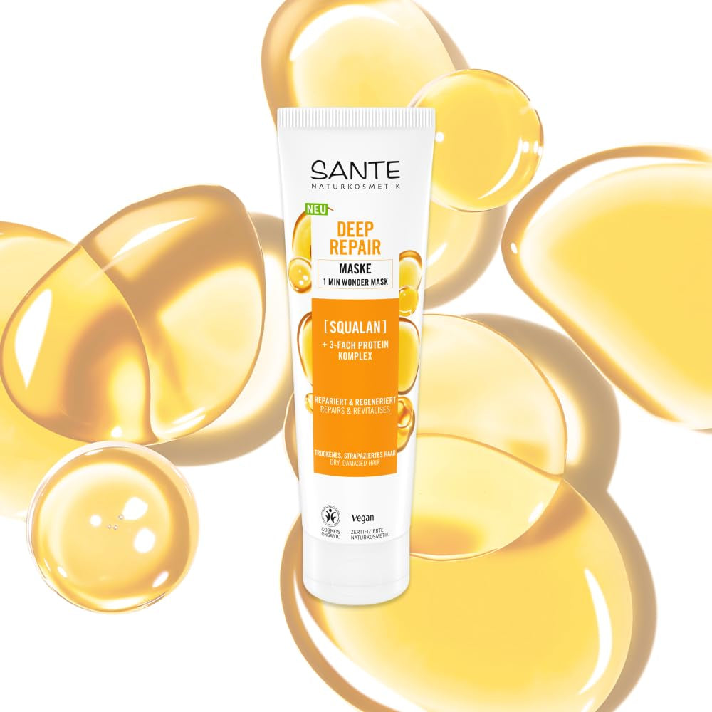 SANTE Natural Cosmetics Deep Repair Mask Squalane + 3x proteinový komplex, veganská maska na vlasy pro intenzivní hydrataci a pružné vlasy, opravuje a regeneruje poškozené vlasy, 150 ml Naty Shop Hair Mask