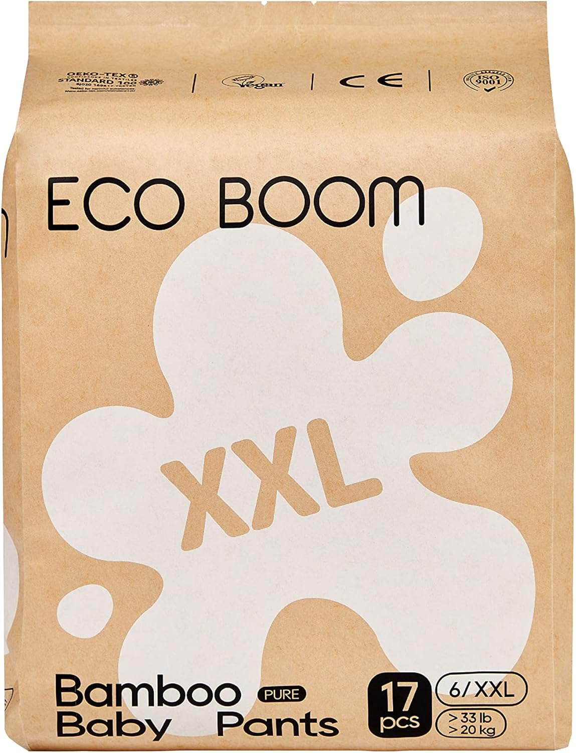 Bambusové dětské plenky ECO BOOM – velikost 6 (20 kg), rostlinné stahovací plenky (17 ks) – prémiové organické, bez parfemace, šetrné k pokožce, super savé