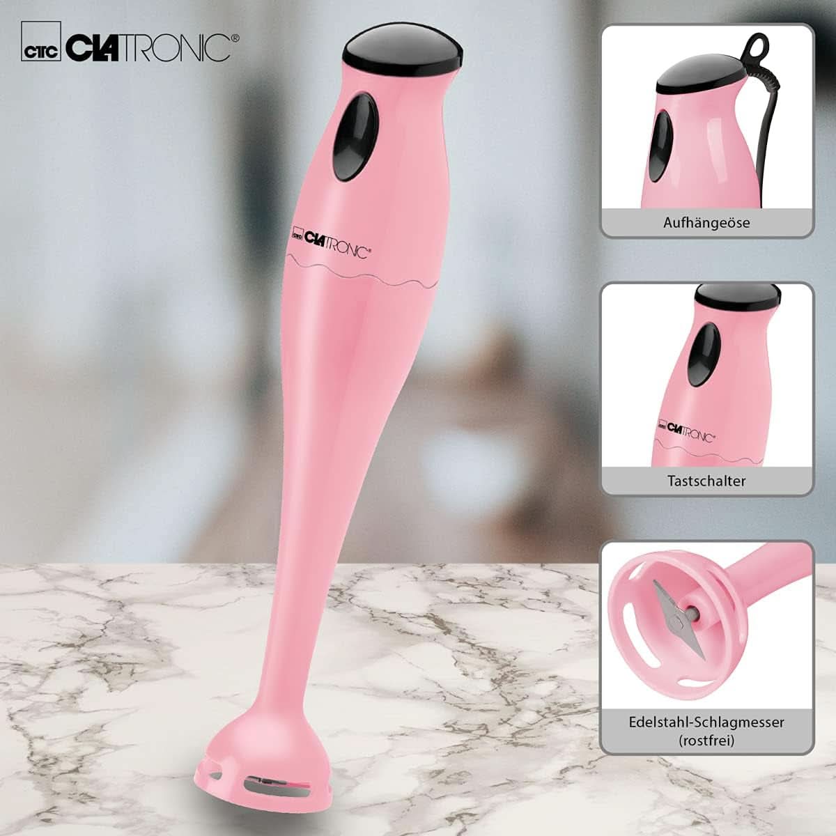 Clatronic Stabmixer/Pürierstab/Blender/Stab-Mixer/Stick/Mixstab SM 3577; Edelstahl-Schlagmesser; Für Smoothie, Kürbispüree, Babybrei, Milchshake; Mit Mixbehälter (500 ml); 180 wattů; Pink Kitchen Naty Shop